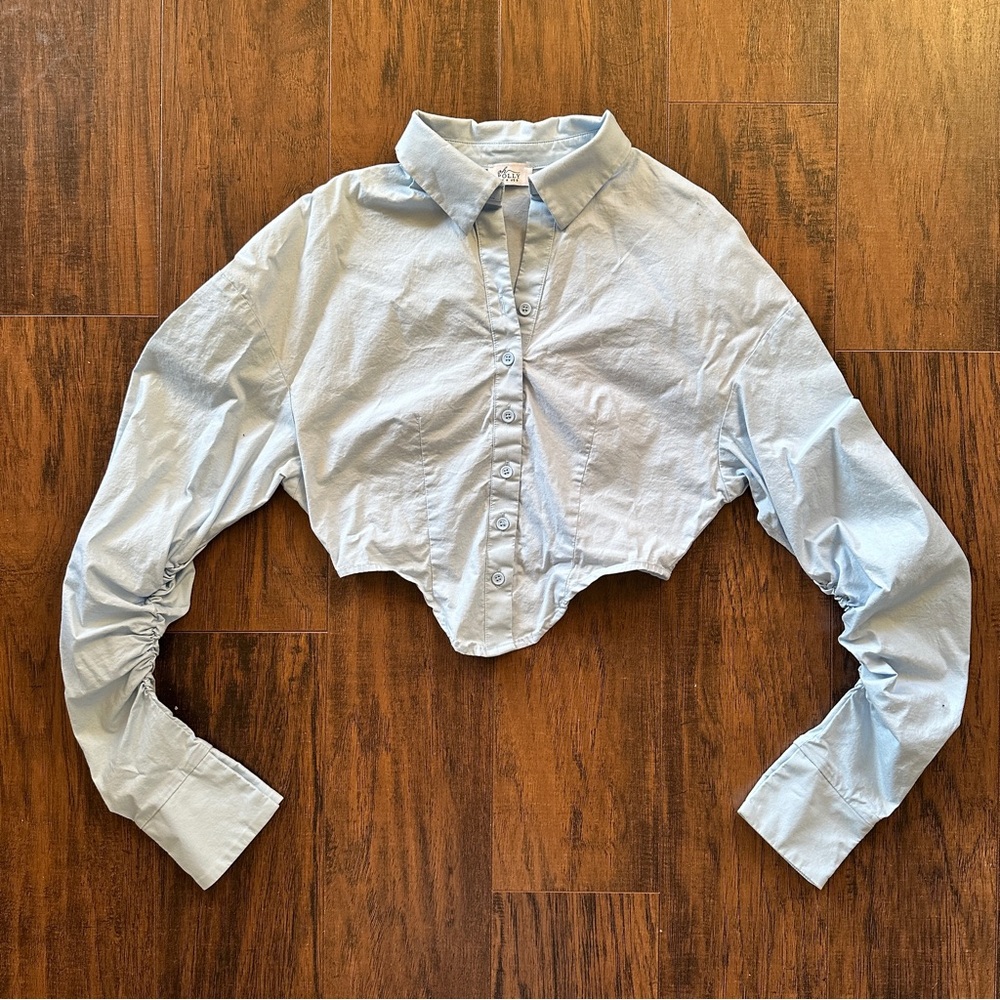Oh Polly blue long sleeve cropped button up shirt